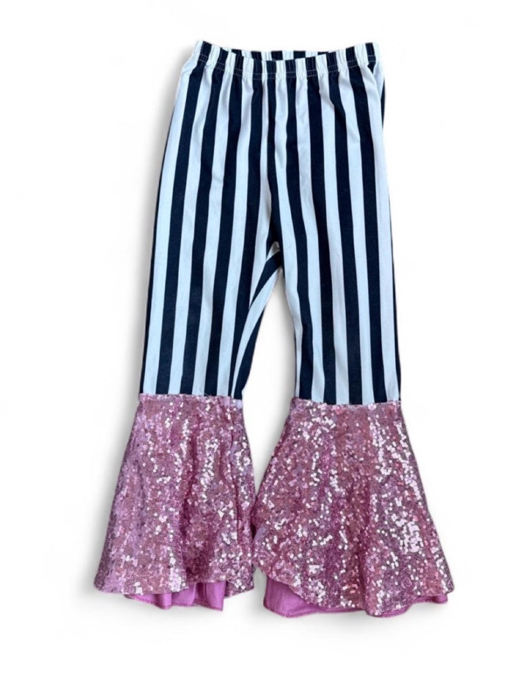 Girls Striped black & White Leggings with Pink Sequin Ruffle